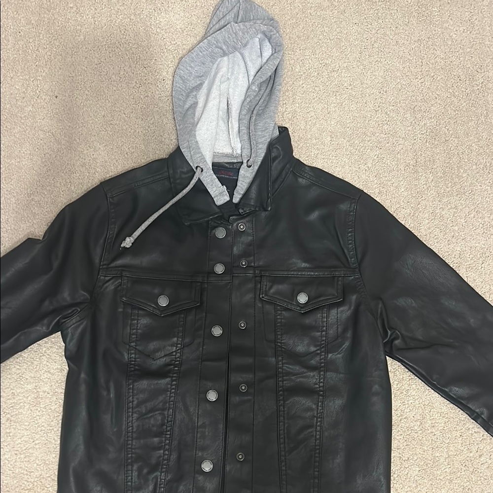 Women’s Black Leather Jacket with Gray Hood